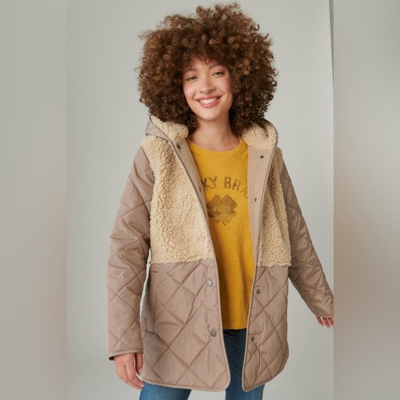 NWOT 🍀 Lucky Brand Mixed Media Quilted Faux Shearling Jacket Black - Picture 9 of 9